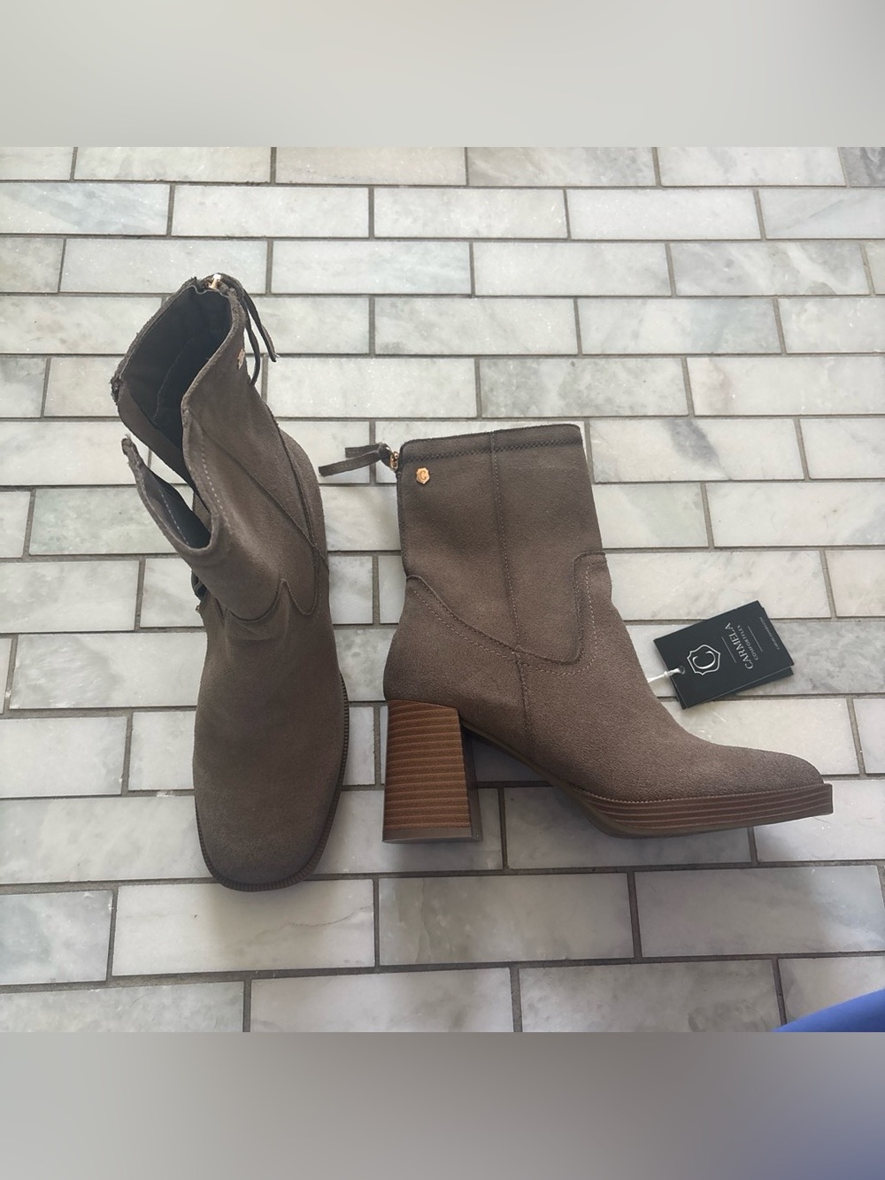 Women's Taupe Suede Block Heel Ankle Boots